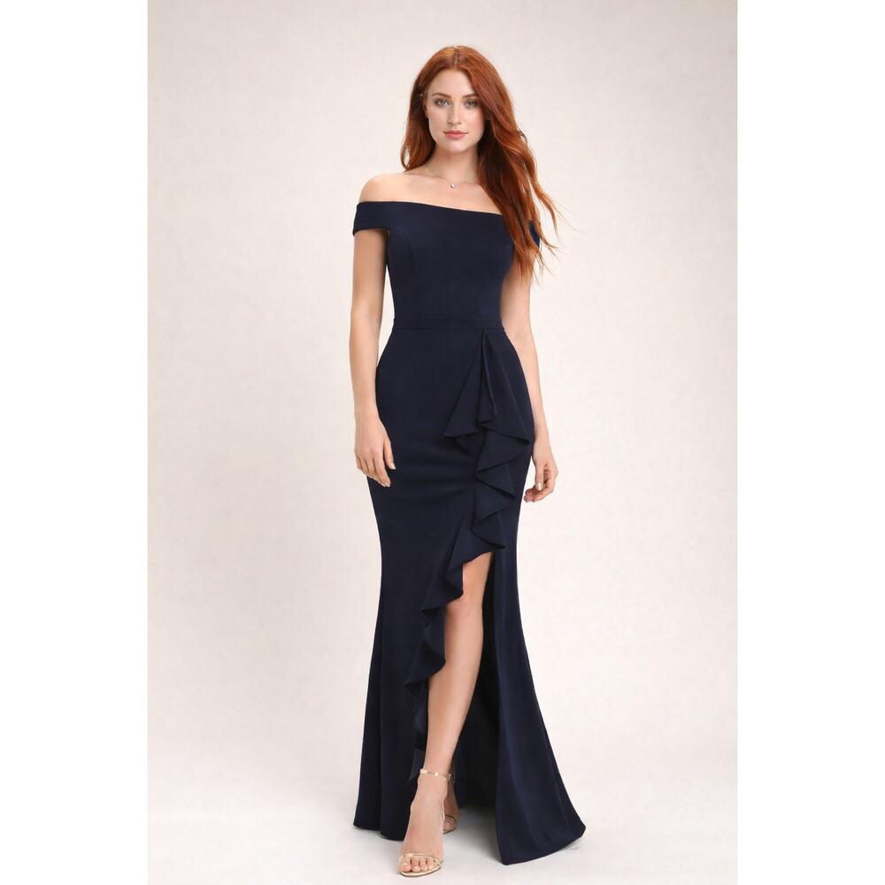 Lulus Mila Navy Blue Ruffled Off-the-Shoulder Maxi Dress Womens Size Small New